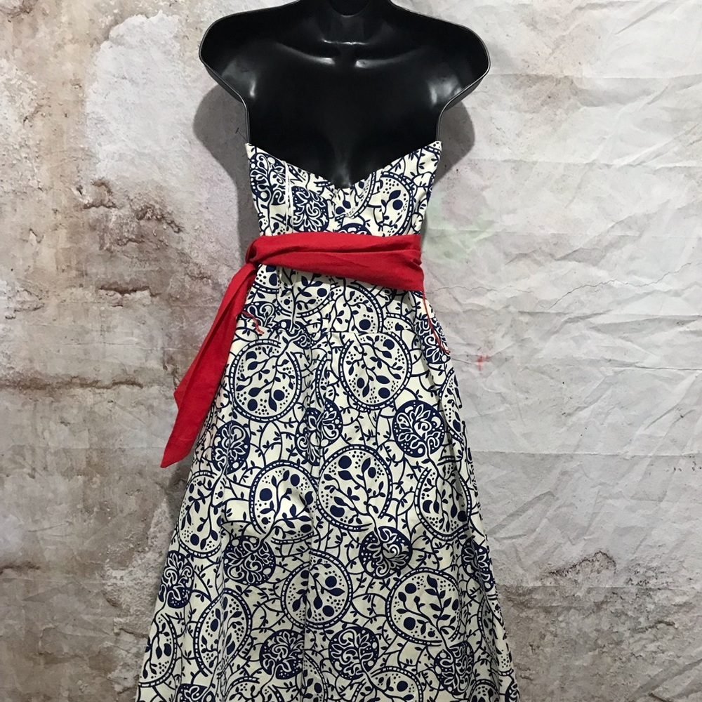 ANTHROPOLOGIE by Tabitha Strapless Paisley Floral Blue White Red Sash Linen~2 - Picture 5 of 6